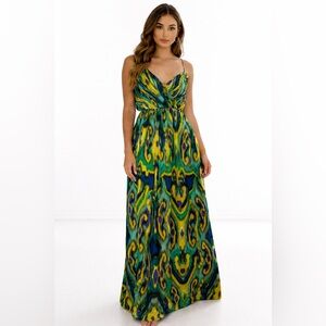 Shoshanna Peacock Tropical Print 100% Silk Maxi Dress Size 6